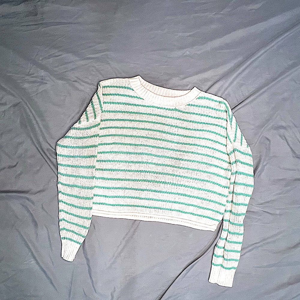 Wild Fable Seafoam Green & White Stripe Sweater Medium Long Sleeve Rolled Collar